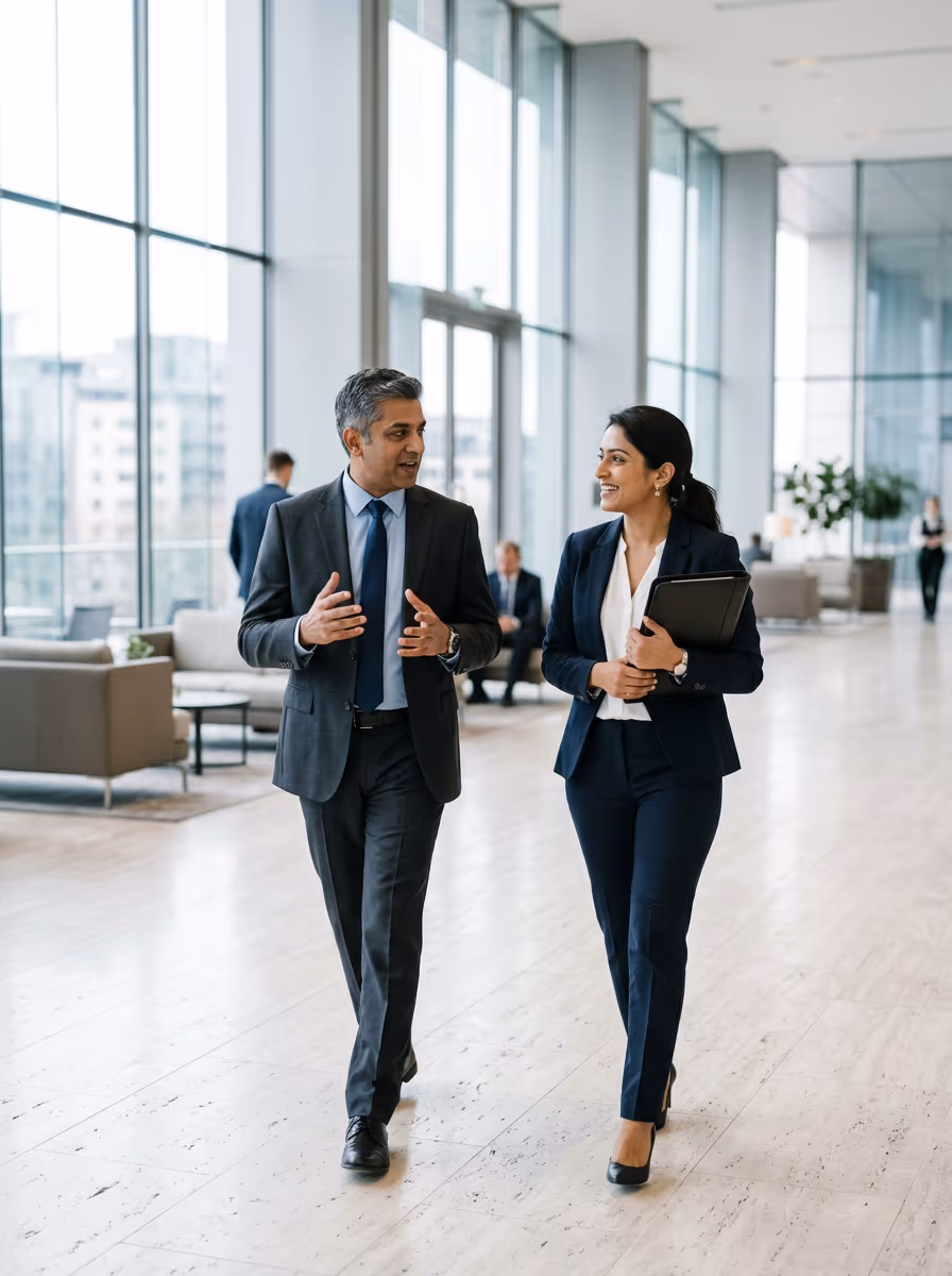 Two colleagues walking through a conference foyer