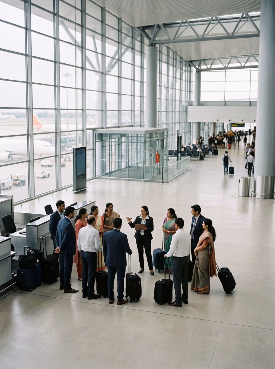 A corporate group checking in together at the airport