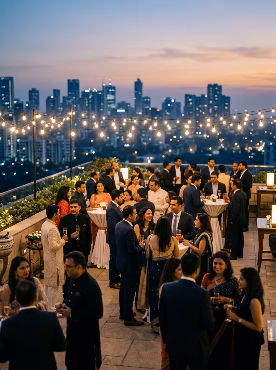 An evening reception on a hotel terrace